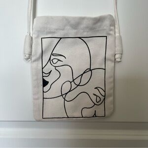 Canvas Crossbody Bag with Abstract Line Art - White